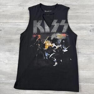 Kiss Shirt Womens Small Black Cutoff V neck Shredded Upcycled Cut Up